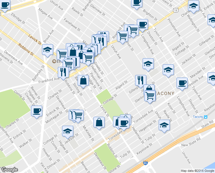 map of restaurants, bars, coffee shops, grocery stores, and more near 4245 Hellerman Street in Philadelphia