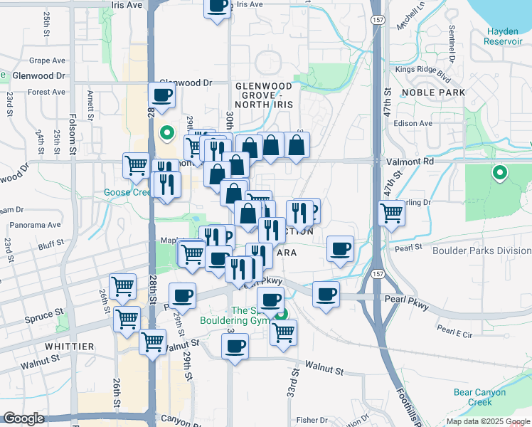 map of restaurants, bars, coffee shops, grocery stores, and more near 3129 Bluff Street in Boulder