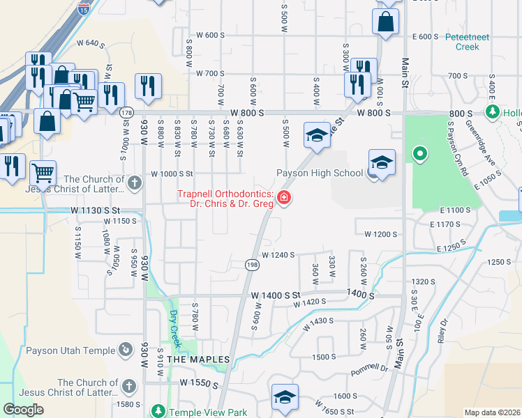 map of restaurants, bars, coffee shops, grocery stores, and more near 549 1050 South in Payson