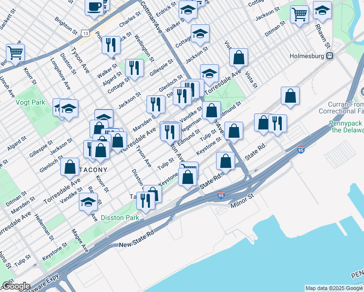 map of restaurants, bars, coffee shops, grocery stores, and more near 7118 Hegerman Street in Philadelphia