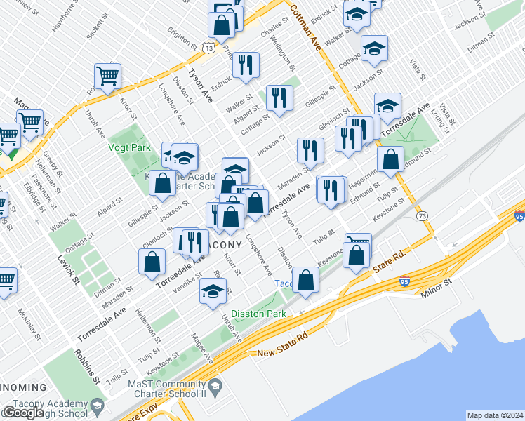 map of restaurants, bars, coffee shops, grocery stores, and more near 6946 Marsden Street in Philadelphia