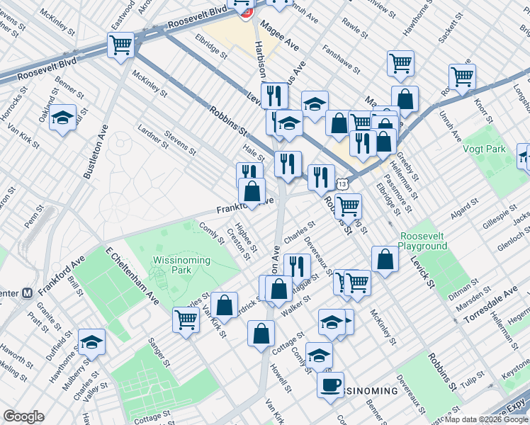 map of restaurants, bars, coffee shops, grocery stores, and more near 6132 Hawthorne St in Philadelphia