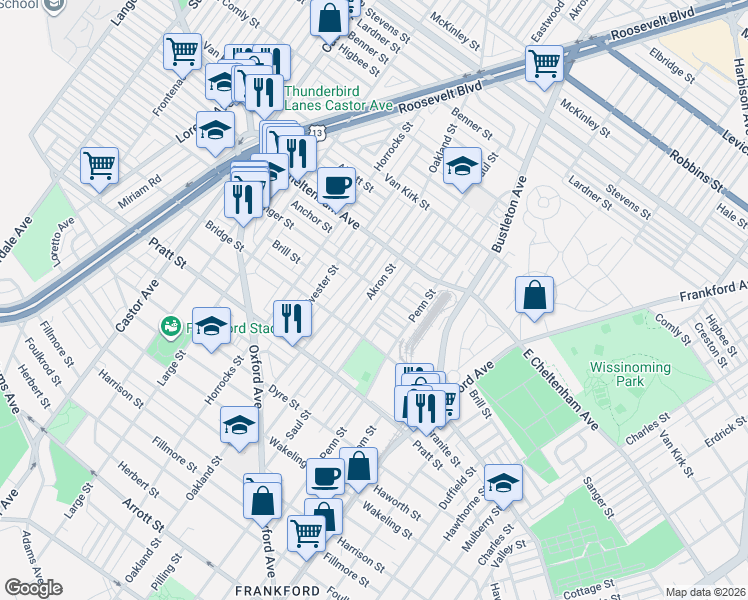 map of restaurants, bars, coffee shops, grocery stores, and more near 5408 Akron Street in Philadelphia