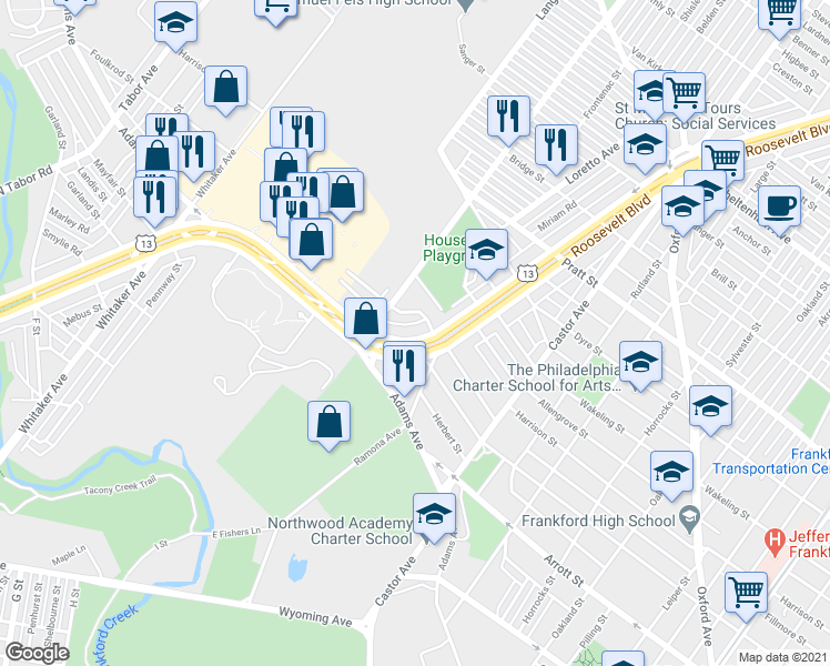 map of restaurants, bars, coffee shops, grocery stores, and more near 4800 Fillmore Terrace in Philadelphia