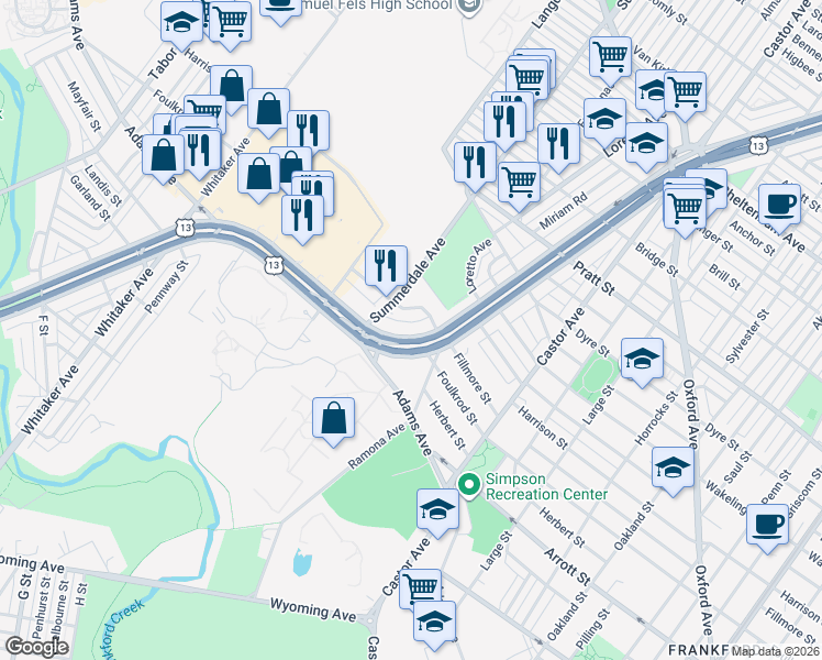 map of restaurants, bars, coffee shops, grocery stores, and more near 4800 Fillmore Terrace in Philadelphia