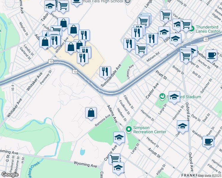 map of restaurants, bars, coffee shops, grocery stores, and more near 4800 Fillmore Terrace in Philadelphia