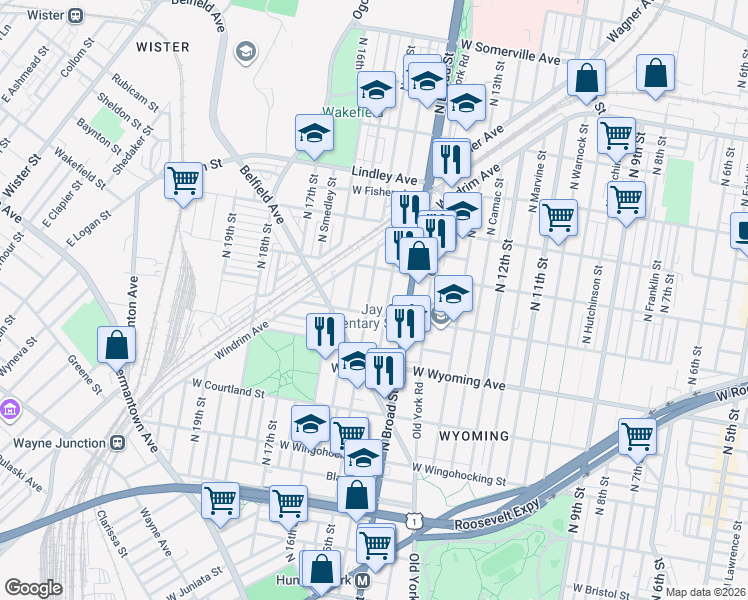 map of restaurants, bars, coffee shops, grocery stores, and more near 1428 West Rockland Street in Philadelphia