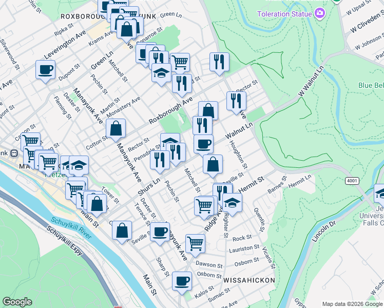 map of restaurants, bars, coffee shops, grocery stores, and more near 5712 Ridge Avenue in Philadelphia