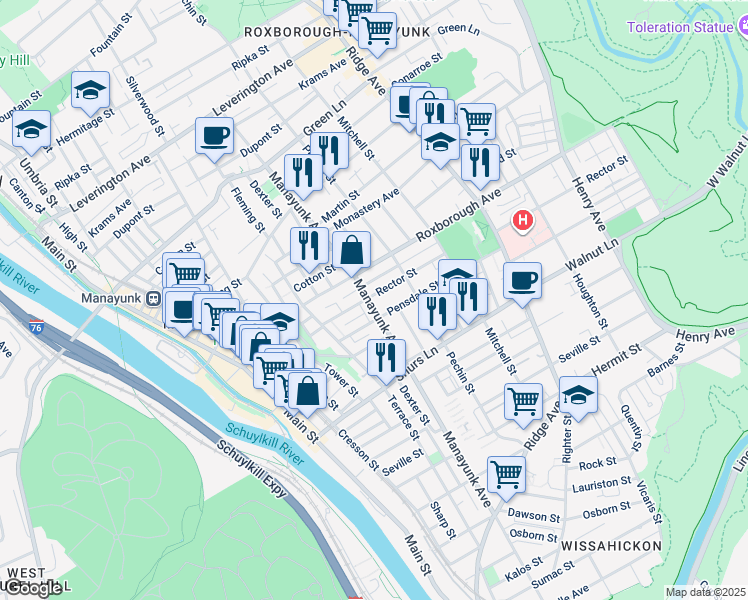 map of restaurants, bars, coffee shops, grocery stores, and more near 309 Roxborough Avenue in Philadelphia