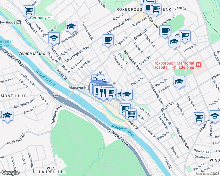 map of restaurants, bars, coffee shops, grocery stores, and more near 4407 Silverwood Street in Philadelphia