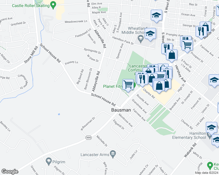 map of restaurants, bars, coffee shops, grocery stores, and more near 1397 Atkins Avenue in Lancaster