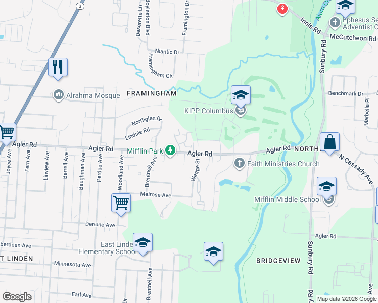map of restaurants, bars, coffee shops, grocery stores, and more near 2908 Bridgeview Drive in Columbus