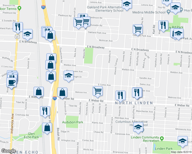 map of restaurants, bars, coffee shops, grocery stores, and more near 3050 Pontiac Street in Columbus