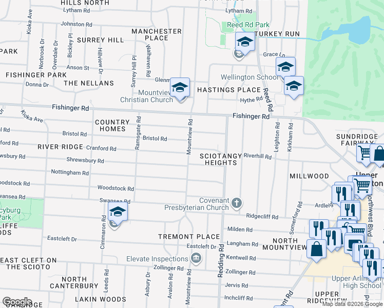 map of restaurants, bars, coffee shops, grocery stores, and more near 2144 Riverhill Road in Columbus