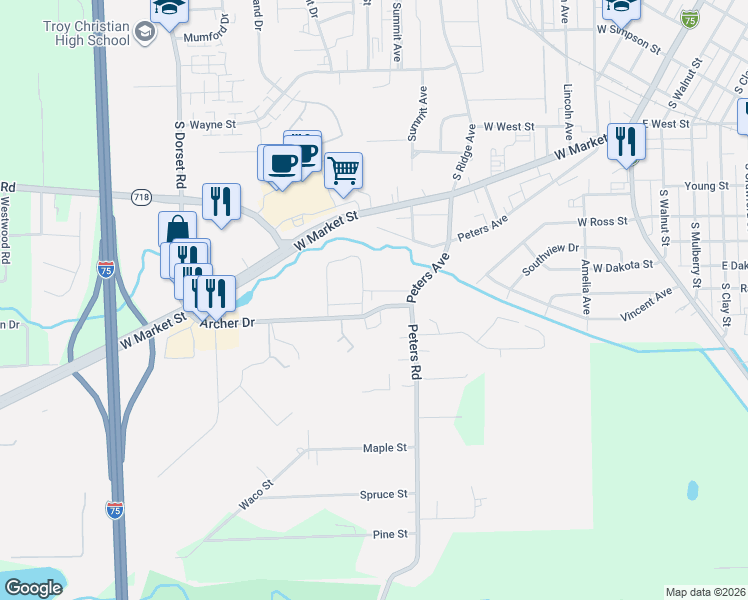 map of restaurants, bars, coffee shops, grocery stores, and more near 1210 High Street in Troy