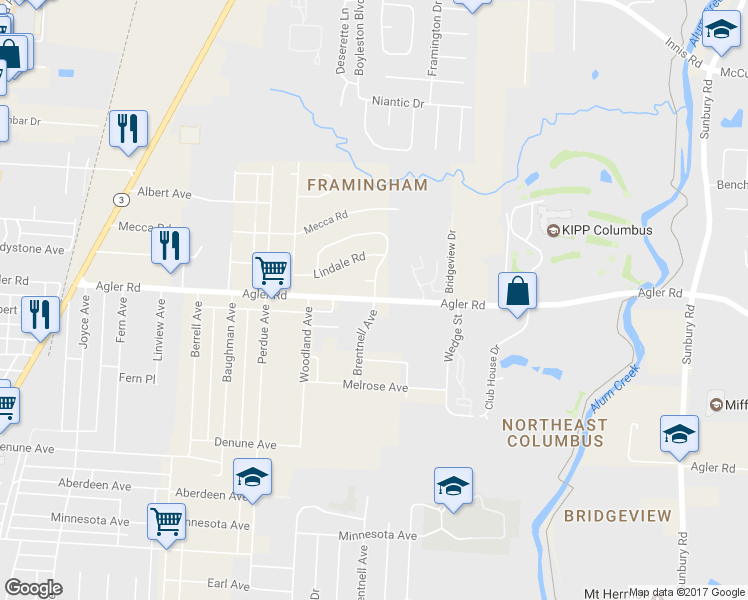map of restaurants, bars, coffee shops, grocery stores, and more near Agler Road in Columbus