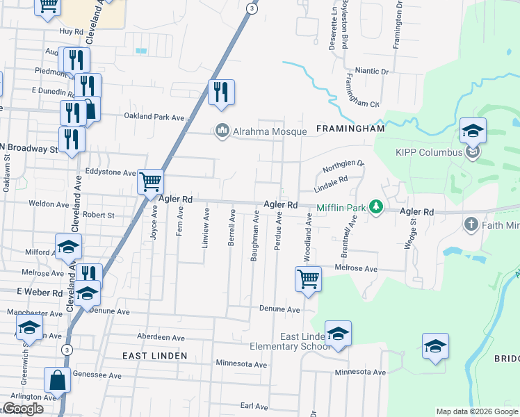 map of restaurants, bars, coffee shops, grocery stores, and more near 2208 Agler Road in Columbus