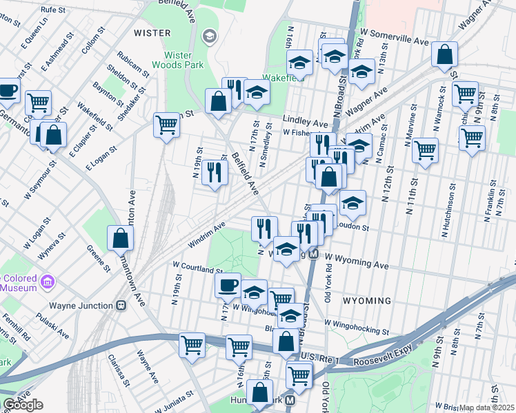 map of restaurants, bars, coffee shops, grocery stores, and more near 1609 West Loudon Street in Philadelphia
