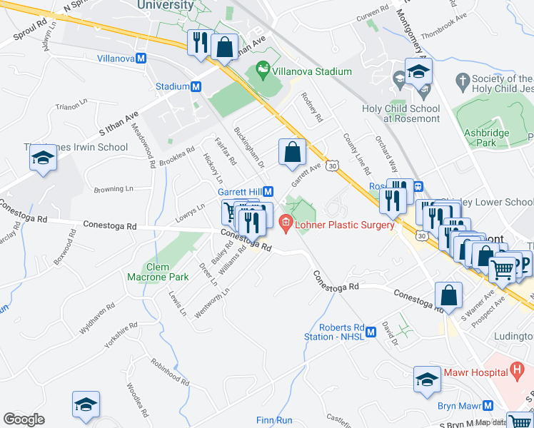 map of restaurants, bars, coffee shops, grocery stores, and more near 114 Garrett Avenue in Bryn Mawr