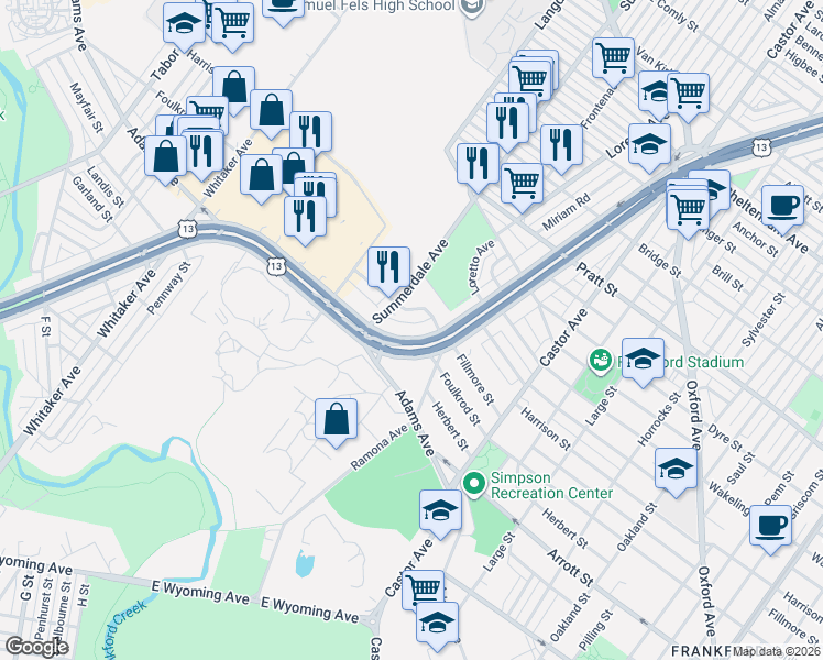 map of restaurants, bars, coffee shops, grocery stores, and more near 4832 East Roosevelt Boulevard in Philadelphia