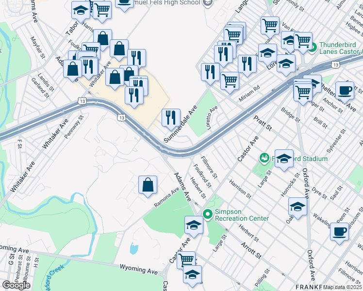 map of restaurants, bars, coffee shops, grocery stores, and more near 4800 Fillmore Terrace in Philadelphia