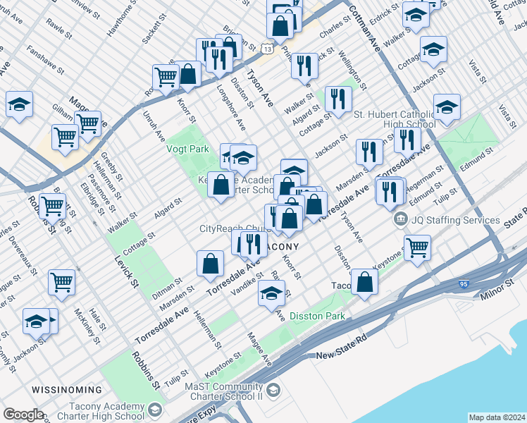 map of restaurants, bars, coffee shops, grocery stores, and more near 6807 Glenloch Street in Philadelphia
