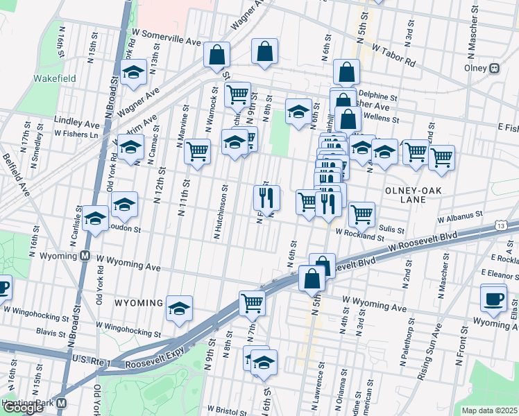 map of restaurants, bars, coffee shops, grocery stores, and more near 4918 North Franklin Street in Philadelphia