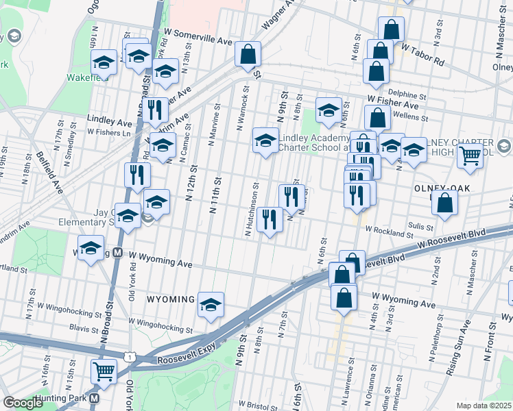 map of restaurants, bars, coffee shops, grocery stores, and more near 4905 North Hutchinson Street in Philadelphia