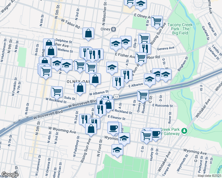 map of restaurants, bars, coffee shops, grocery stores, and more near 4941 North Front Street in Philadelphia