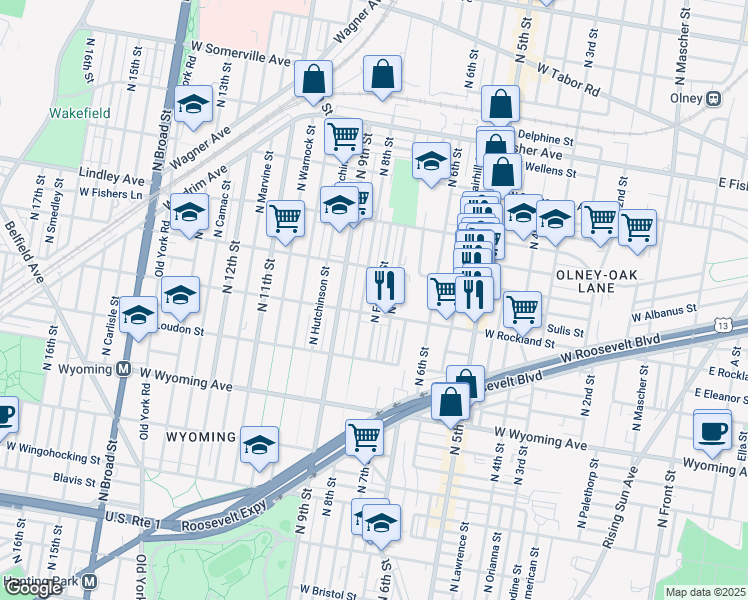map of restaurants, bars, coffee shops, grocery stores, and more near 4918 North Franklin Street in Philadelphia