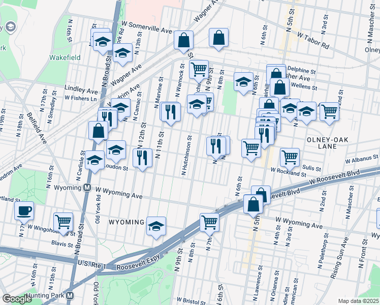 map of restaurants, bars, coffee shops, grocery stores, and more near 4905 North Hutchinson Street in Philadelphia