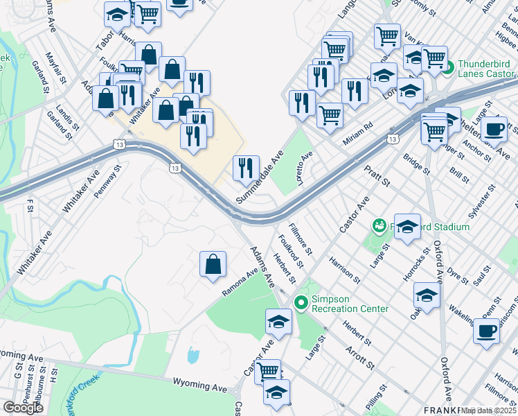 map of restaurants, bars, coffee shops, grocery stores, and more near 4830 East Roosevelt Boulevard in Philadelphia
