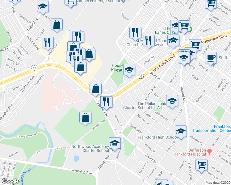 map of restaurants, bars, coffee shops, grocery stores, and more near 4834 East Roosevelt Boulevard in Philadelphia