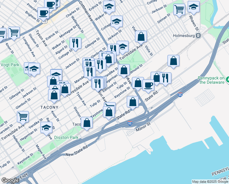 map of restaurants, bars, coffee shops, grocery stores, and more near 7141 Tulip Street in Philadelphia