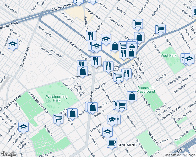map of restaurants, bars, coffee shops, grocery stores, and more near 4015 Devereaux Street in Philadelphia