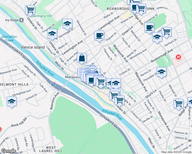 map of restaurants, bars, coffee shops, grocery stores, and more near 144 Levering Street in Philadelphia