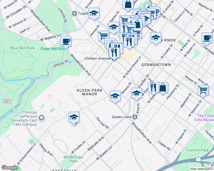 map of restaurants, bars, coffee shops, grocery stores, and more near 5515 Wissahickon Avenue in Philadelphia