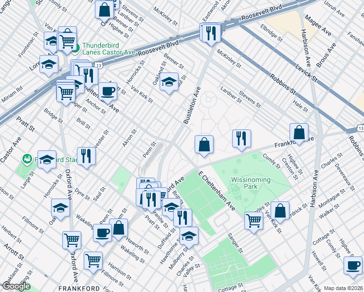 map of restaurants, bars, coffee shops, grocery stores, and more near 5819 Bustleton Avenue in Philadelphia