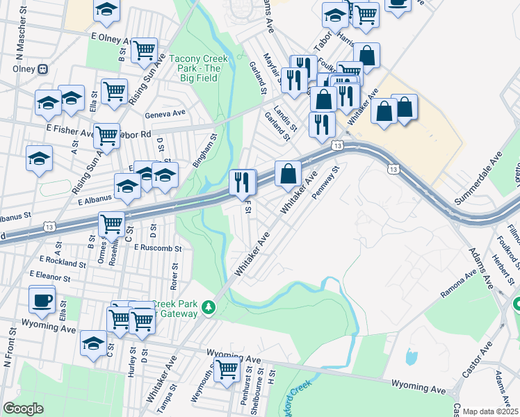 map of restaurants, bars, coffee shops, grocery stores, and more near 744 Herkness Street in Philadelphia