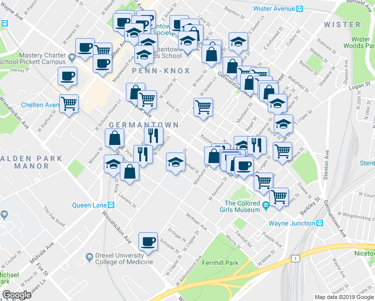 map of restaurants, bars, coffee shops, grocery stores, and more near 5150 Wayne Avenue in Philadelphia
