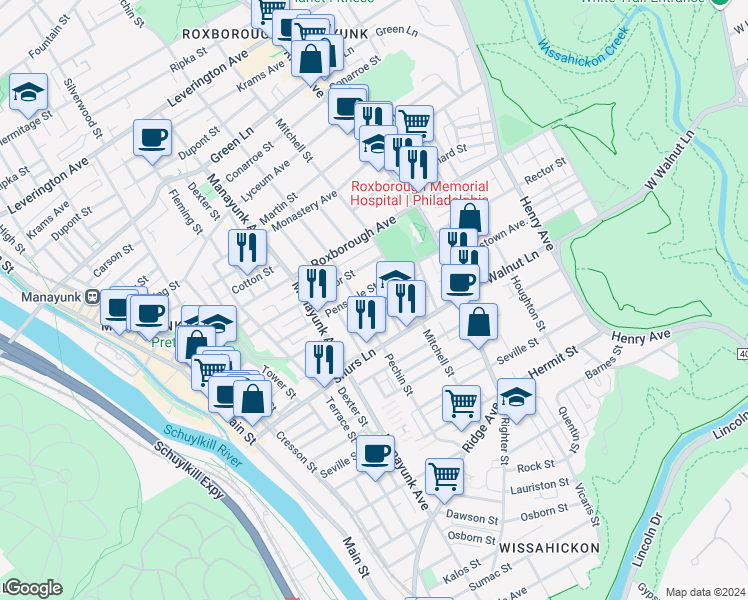map of restaurants, bars, coffee shops, grocery stores, and more near 4144 Freeland Avenue in Philadelphia