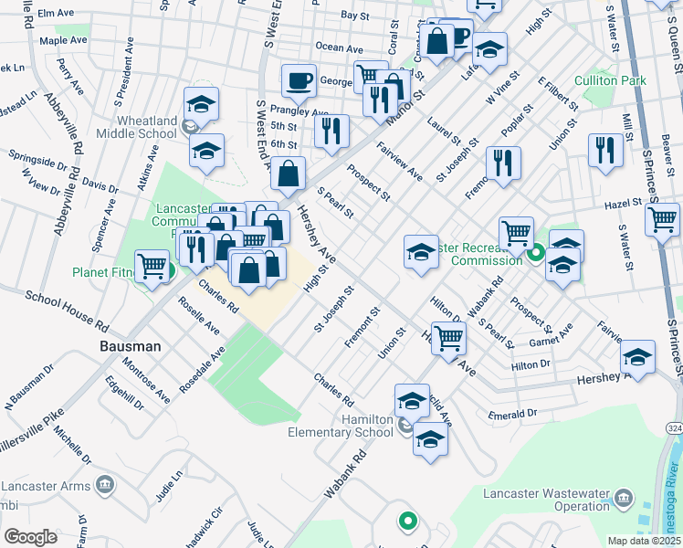 map of restaurants, bars, coffee shops, grocery stores, and more near 122 Hershey Avenue in Lancaster