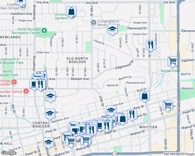 map of restaurants, bars, coffee shops, grocery stores, and more near 2801 20th Street in Boulder