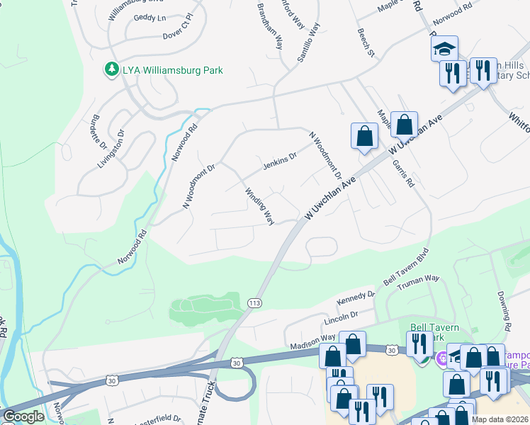 map of restaurants, bars, coffee shops, grocery stores, and more near 63 Gunning Lane in Downingtown