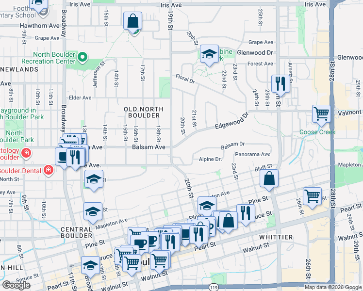 map of restaurants, bars, coffee shops, grocery stores, and more near 2801 20th Street in Boulder