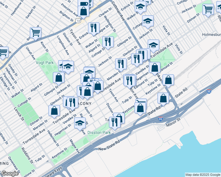 map of restaurants, bars, coffee shops, grocery stores, and more near 7001 Torresdale Avenue in Philadelphia