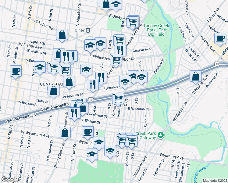 map of restaurants, bars, coffee shops, grocery stores, and more near 313 East Roosevelt Boulevard in Philadelphia