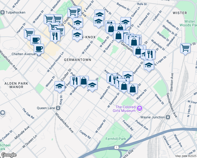 map of restaurants, bars, coffee shops, grocery stores, and more near 5150 Wayne Avenue in Philadelphia