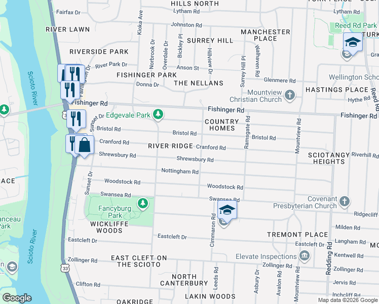 map of restaurants, bars, coffee shops, grocery stores, and more near 2502 Cranford Road in Columbus
