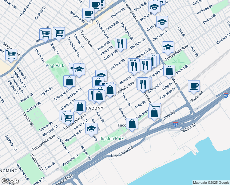 map of restaurants, bars, coffee shops, grocery stores, and more near 6946 Torresdale Avenue in Philadelphia